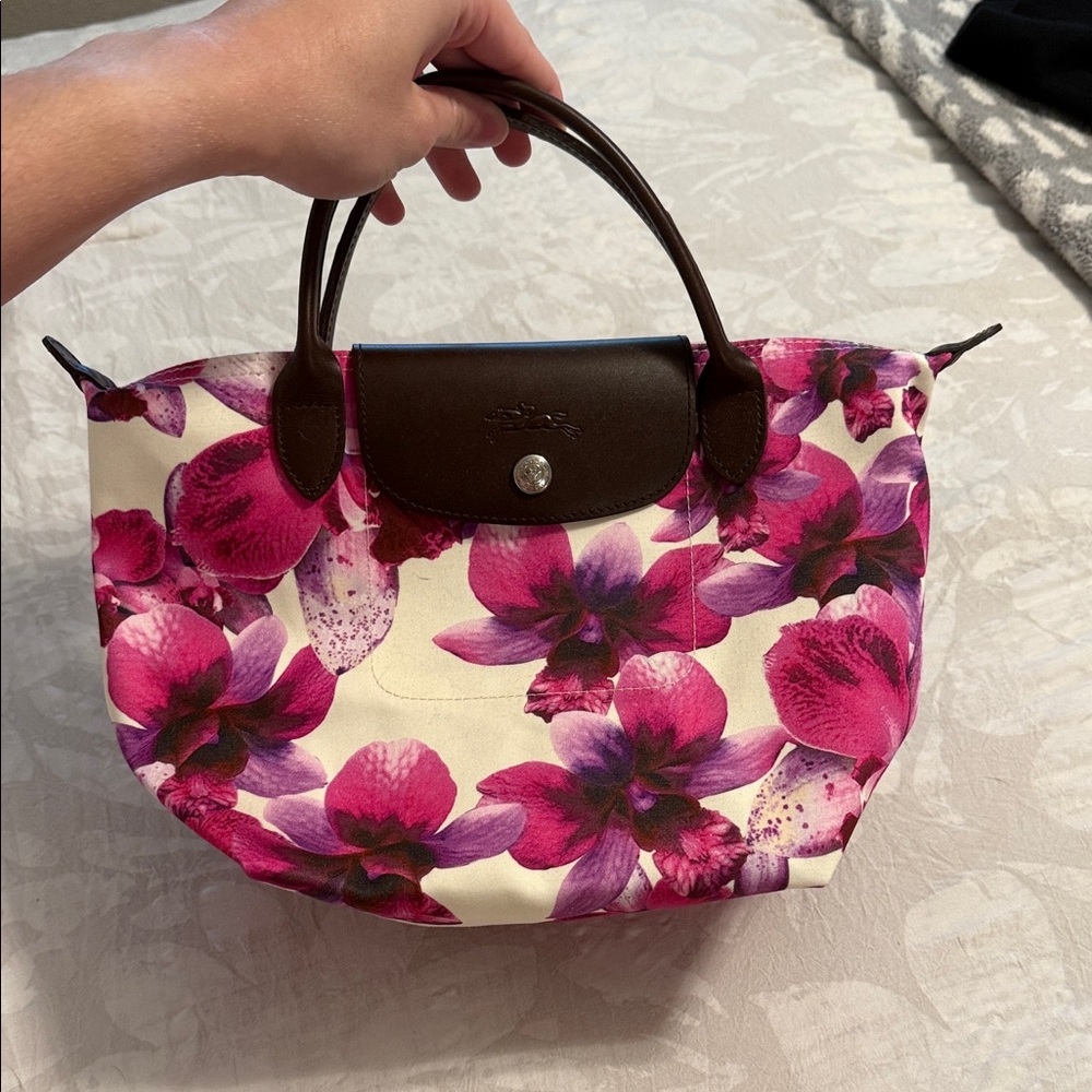Longchamp Pink and Brown Floral Modele Depose